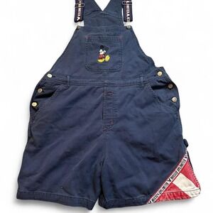 Vintage Mickey Unlimited Overalls Shorts Womens L Disney Pockets 90s Navy Denim